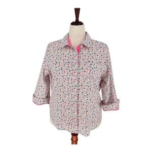 Alfred Dunner Blouse Women 18 Pink Floral Snap Front 3/4 Sleeve Cotton Blend